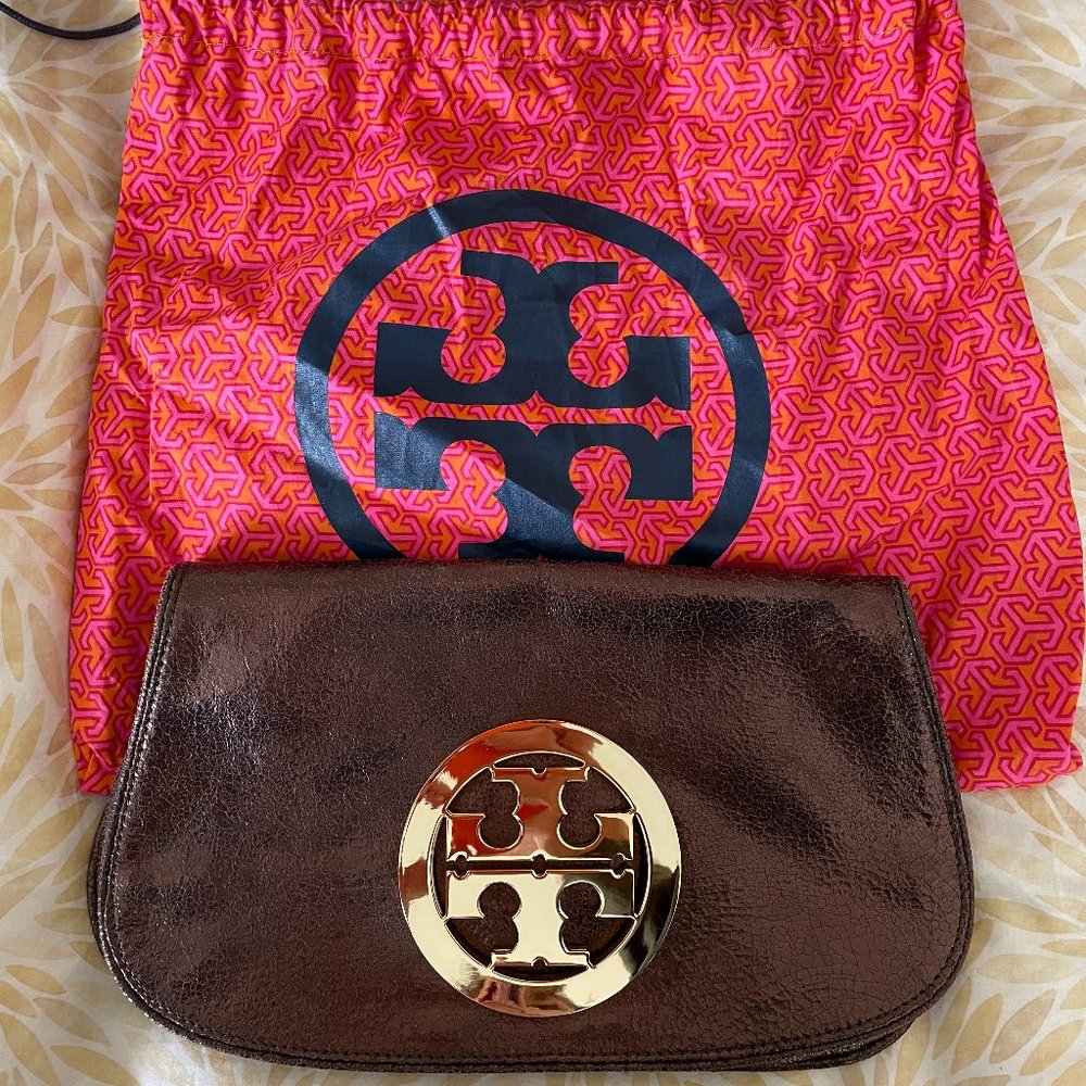 Tory Burch foldover clutch in metallic bronze leather